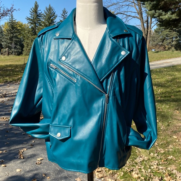 Nine West 2X NWT TEAL~BLUE  FAUX Leather Moto Jacket with Asymmetrical Zipper - Picture 3 of 8